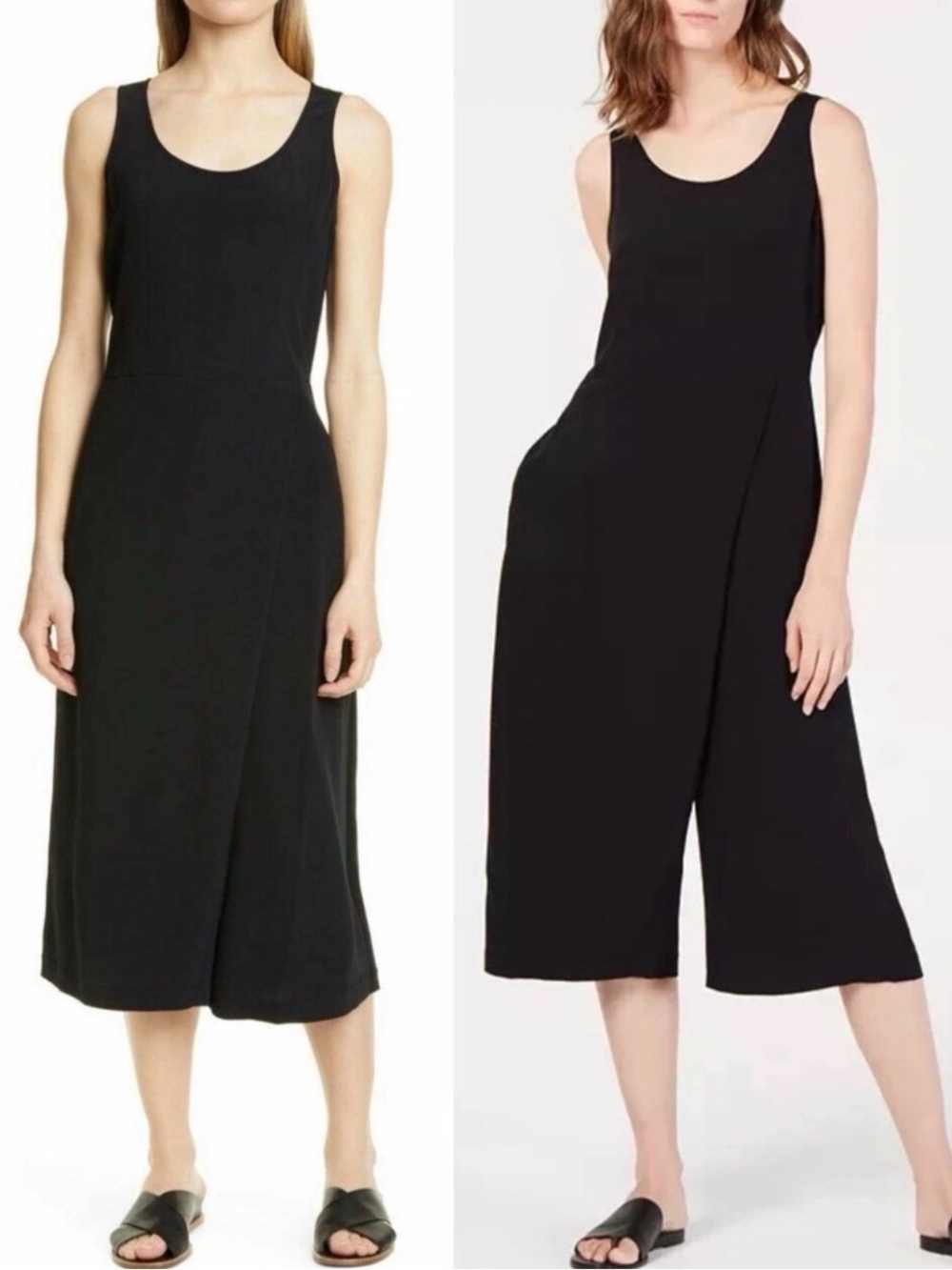 Eileen Fisher Black Sleeveless Scoop-Neck Faux-Wrap Cropped Jumpsuit Petite M - Picture 6 of 9